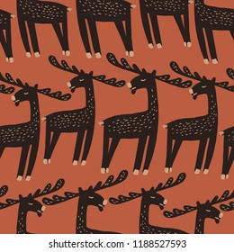 Seamless pattern with the image of elk. Vector illustration. Design can be used for textiles, wallpaper, clothing, wrapping paper.