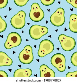 Nahtloses Muster mit dem Bild von Emoji Avocado und Herzen auf blauem Hintergrund. Design für Papier, Textilien und Dekoration. Vektorgrafik.