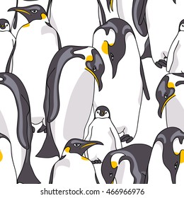 Seamless pattern with image of Emperor penguin on a white background. Vector illustration.