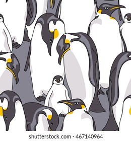 Seamless pattern with image of Emperor penguin on a gray background. Vector illustration.