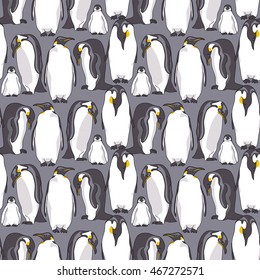 Seamless pattern with image of Emperor penguin on a gray background. Vector illustration.