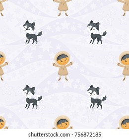 Seamless pattern with the image of the Eskimo people and husky dogs. Vector background.