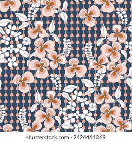 Seamless pattern with the image of ethnic flowers on a colorful geometric background. vector illustration.