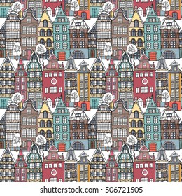 Seamless pattern with Image of  European multi-family color Houses in the winter. Vector illustration.