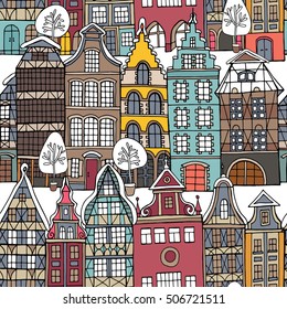 Seamless pattern with Image of  European multi-family color Houses in the winter. Vector illustration.