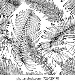 Seamless pattern with image of a Exotic leaves: date palm, fern, monstera. Vector black and white illustration.