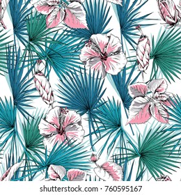 Seamless pattern with image of a Exotic leaves fan palm and a pink 
Hibiscus flowers. Vector illustration.