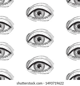 Seamless pattern with the image of the eye made using the hatching technique. Vintage.