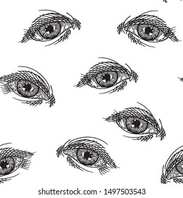 Seamless pattern with the image of the eye made using the hatching technique. Vintage. Suitable for wrapping paper, wallpaper, cases for devices.