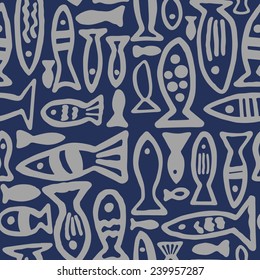 Seamless pattern with the image of the fish. Made in the style of children's drawings. Can be used as a pattern for wallpaper, bedding or desktop and printing textiles.