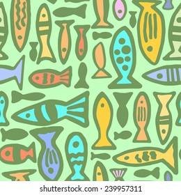 Seamless pattern with the image of the fish. Made in the style of children's drawings. Can be used as a pattern for wallpaper, bedding or desktop and printing textiles.