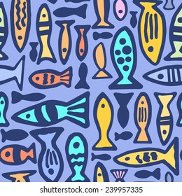 Seamless pattern with the image of the fish. Made in the style of children's drawings. Can be used as a pattern for wallpaper, bedding or desktop and printing textiles.
