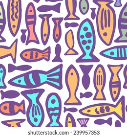 Seamless pattern with the image of the fish. Made in the style of children's drawings. Can be used as a pattern for wallpaper, bedding or desktop and printing textiles.