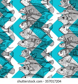 Seamless pattern with image of a fishes and blue geometric ornament. Vector illustration.