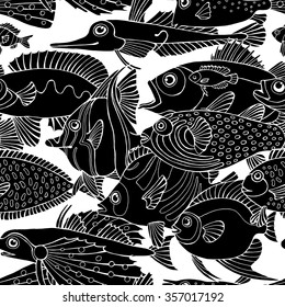 Seamless pattern with image of a fishes. Vector black and white illustration.