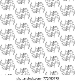 Seamless pattern with image of a fishes. Vector black and white illustration.