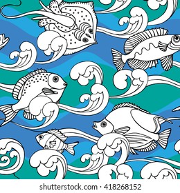 Seamless pattern with image of fishes and waves. Vector illustration.