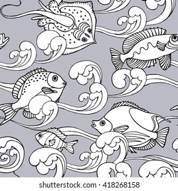 Seamless pattern with image of fishes and waves on a gray background. Vector illustration.