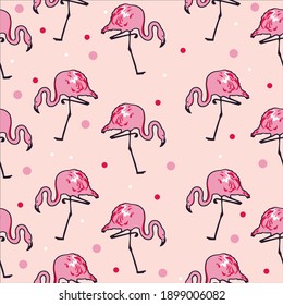 Seamless pattern with the image of flamingos on a pink background. Sunny cute wallpaper