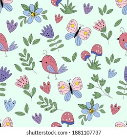 Seamless pattern with the image of flowers, butterflies, mushrooms and leaves on a green background, in vector graphics. For the design of wallpaper, prints for textiles, clothing, packaging, bags.