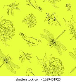Seamless pattern with image of flowers on a white background. Vector illustration.