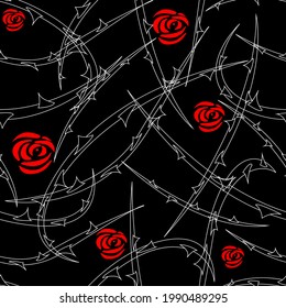 seamless pattern with the image of flowers and rose thorns on a dark background for prints on fabrics, clothes, packaging, as well as for interior decoration and other surfaces