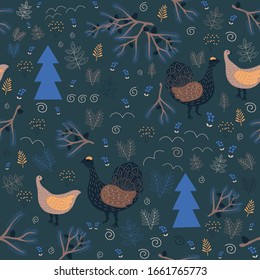 Seamless pattern with  image of forest  birds, black grouse. Drawing on a dark blue background. Textile design, packaging, wallpaper. Vector illustration