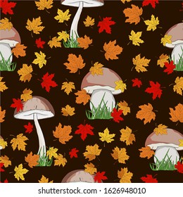 seamless pattern with the image of forest mushrooms and autumn leaves, vector illustration, wallpaper ornament, wrapping paper