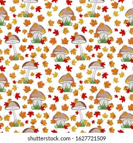 seamless pattern with the image of forest mushrooms and autumn leaves, vector illustration, wallpaper ornament, wrapping paper