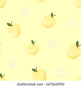 Seamless pattern with the image of fresh apples. Isolated vector illustration on a colored background.