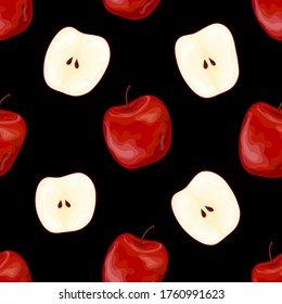 Seamless pattern with the image of fresh apples. Isolated vector illustration on a black background.