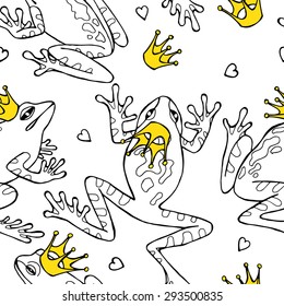 Seamless pattern with image frogs and crowns. Vector illustration.