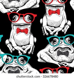 Seamless pattern with image of a frogs in glasses and tie. Vector illustration.