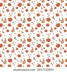 Seamless pattern with the image of fruits, in doodle style, image of an apple, cherry, pear, for background, print, banner, fabric