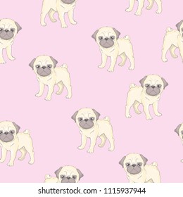 Seamless pattern with image of a Funny cartoon pugs puppies . Vector illustration