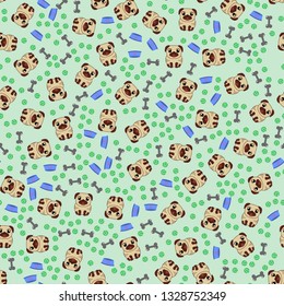 Seamless pattern with image of a Funny cartoon pugs