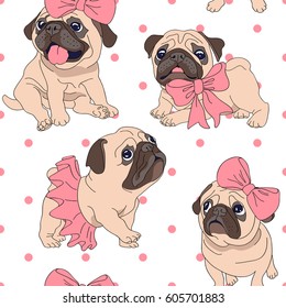 Seamless pattern with image of a Funny cartoon pugs puppies in a pink Ballerina tutu and with a bow. Vector illustration.