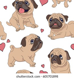 Seamless pattern with image of a Funny cartoon pugs puppies. Vector illustration.