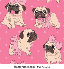 Seamless pattern with image of a Funny cartoon pugs puppies in a Ballerina tutu and with a bow on a pink background. Vector illustration.