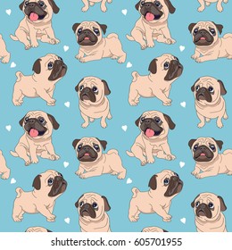 Seamless pattern with image of a Funny cartoon pugs puppies on a blue background. Vector illustration.