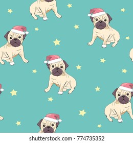 Seamless pattern with image of a Funny cartoon pugs puppies on a blue background. Vector illustration.