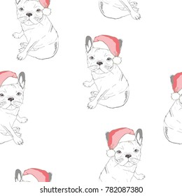 Seamless pattern with image of a Funny cartoon pugs puppies on a blue background. Vector illustration.