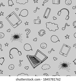 Seamless pattern. 
Image of gadgets, headphones, questions, clouds, stars, likes on gray background. Gadget Dependency Issue. Handwritten graphic technique