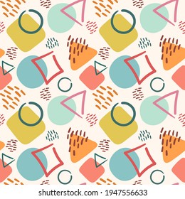 Seamless pattern with the image of geometric shapes: circle, triangle, square. Abstract design for paper, textile, decor.