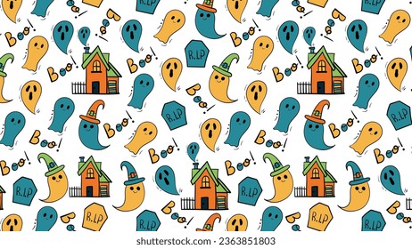 Seamless pattern with the image of ghosts and a haunted house. vector illustration