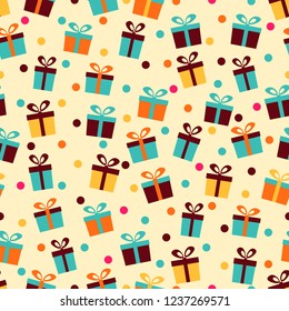 Seamless pattern with the image of gift boxes and confetti.
