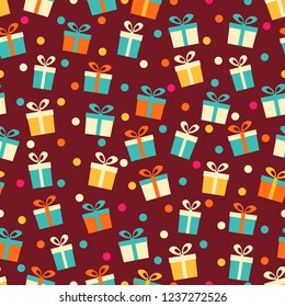 Seamless pattern with the image of gift boxes and confetti.
