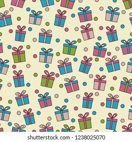 Seamless pattern with the image of gift boxes and confetti.
