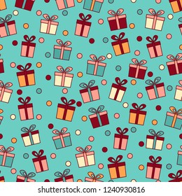 Seamless pattern with the image of gift boxes and confetti.
