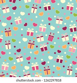 Seamless pattern with the image of gift boxes and hearts.
